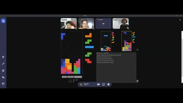 A Gather.town virtual classroom displays a shared Tetris activity with students joining by video